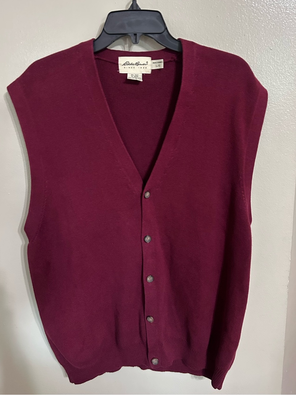 Eddie Bauer Sweater Vest Mens L Red Knit Button Front Cardigan USA Made VTG
